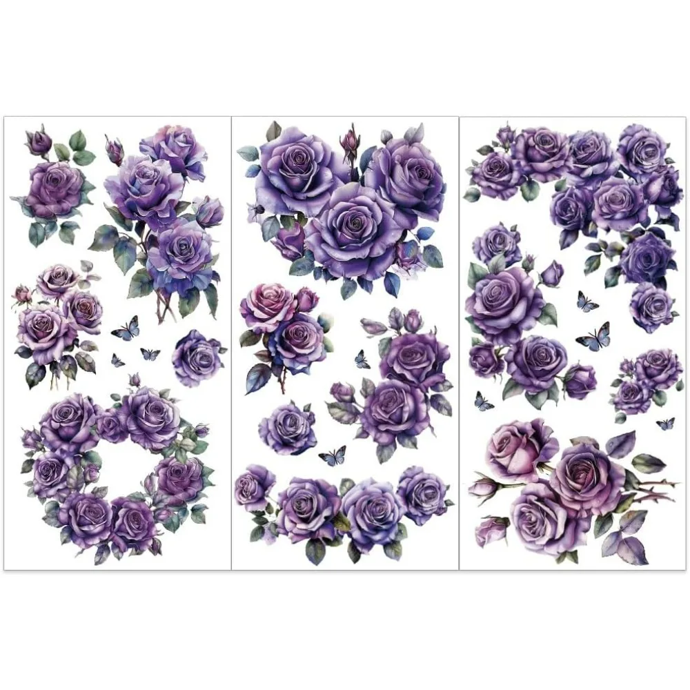 

3pcs/Set Purple Rose Rub on Transfers for Furniture and Crafts 6x12 inch Flower Decor Transfer Stickers Butterfly Rub on Decals