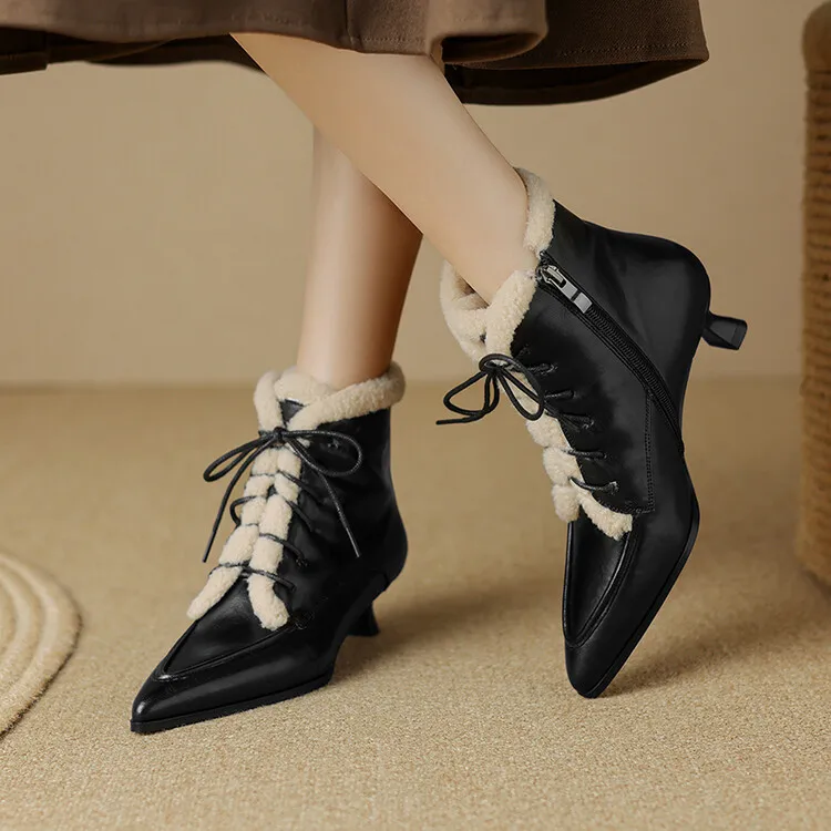 NEW Winter Women Shoes Split Leather Shoes for Women Pointed Toe Kitten Heel Shoes Elegant Modern Boots Wool Blend Ankle Boots