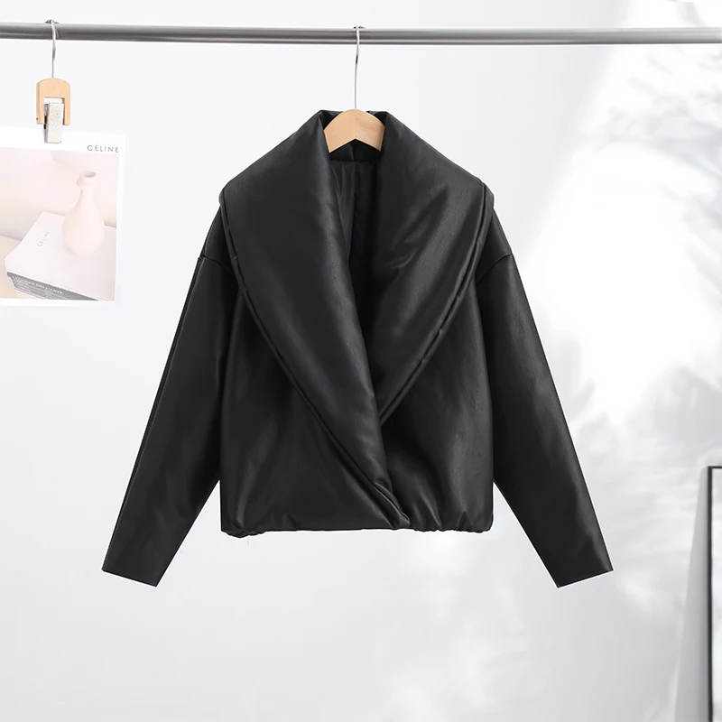Damen-Crop-Mäntel aus PU-Leder, übergroße, gesteppte Jacken, Winterjacken für Damen, mit Revers, langen Ärmeln, einfarbig, locker geschnitten, kurze Jacke, neue Oberbekleidung. – Detail 3