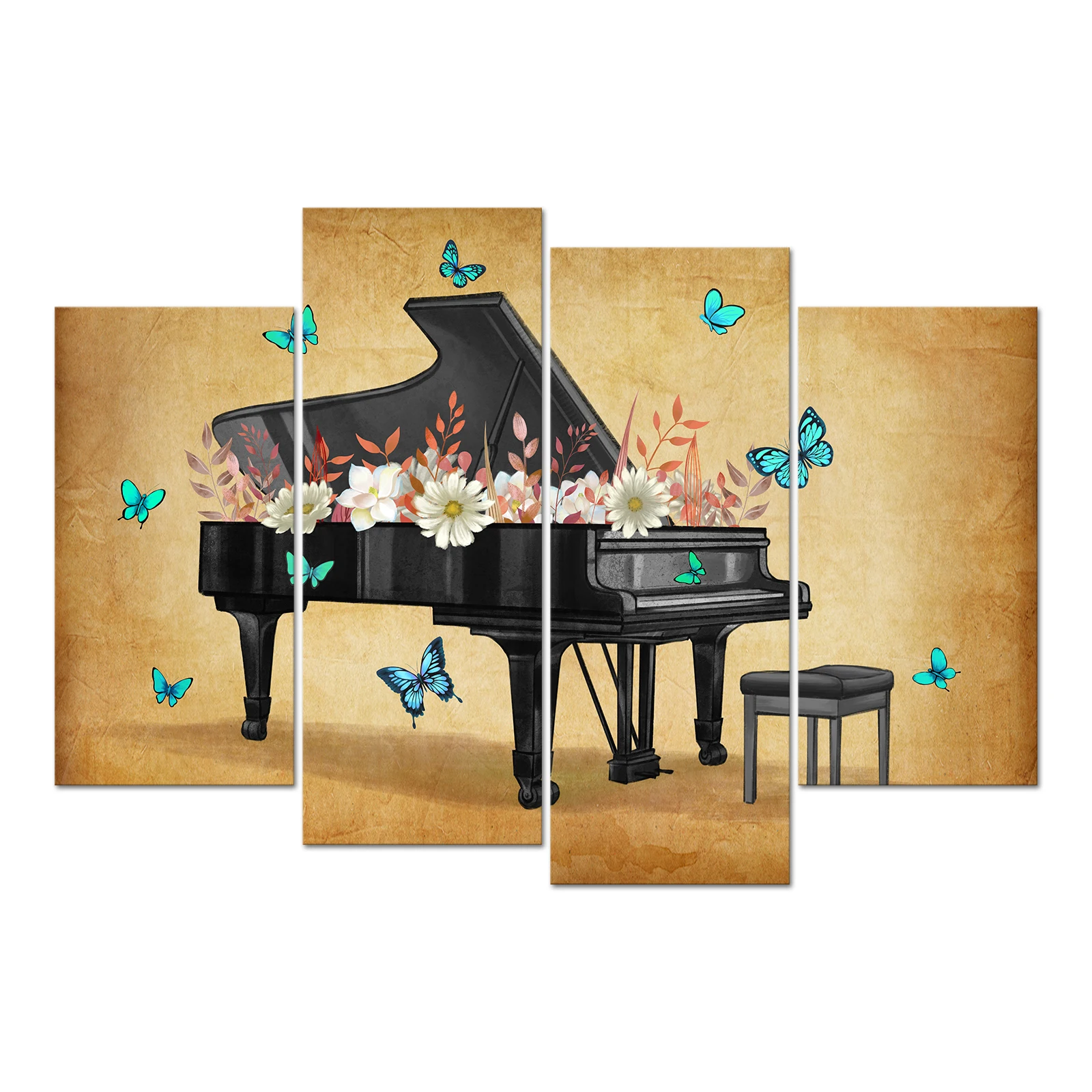 

4 Pieces Flowers on Piano Poster Wall Art Blue Butterfly Print Canvas Art Modern Style Pictures Living Room Wall Decor