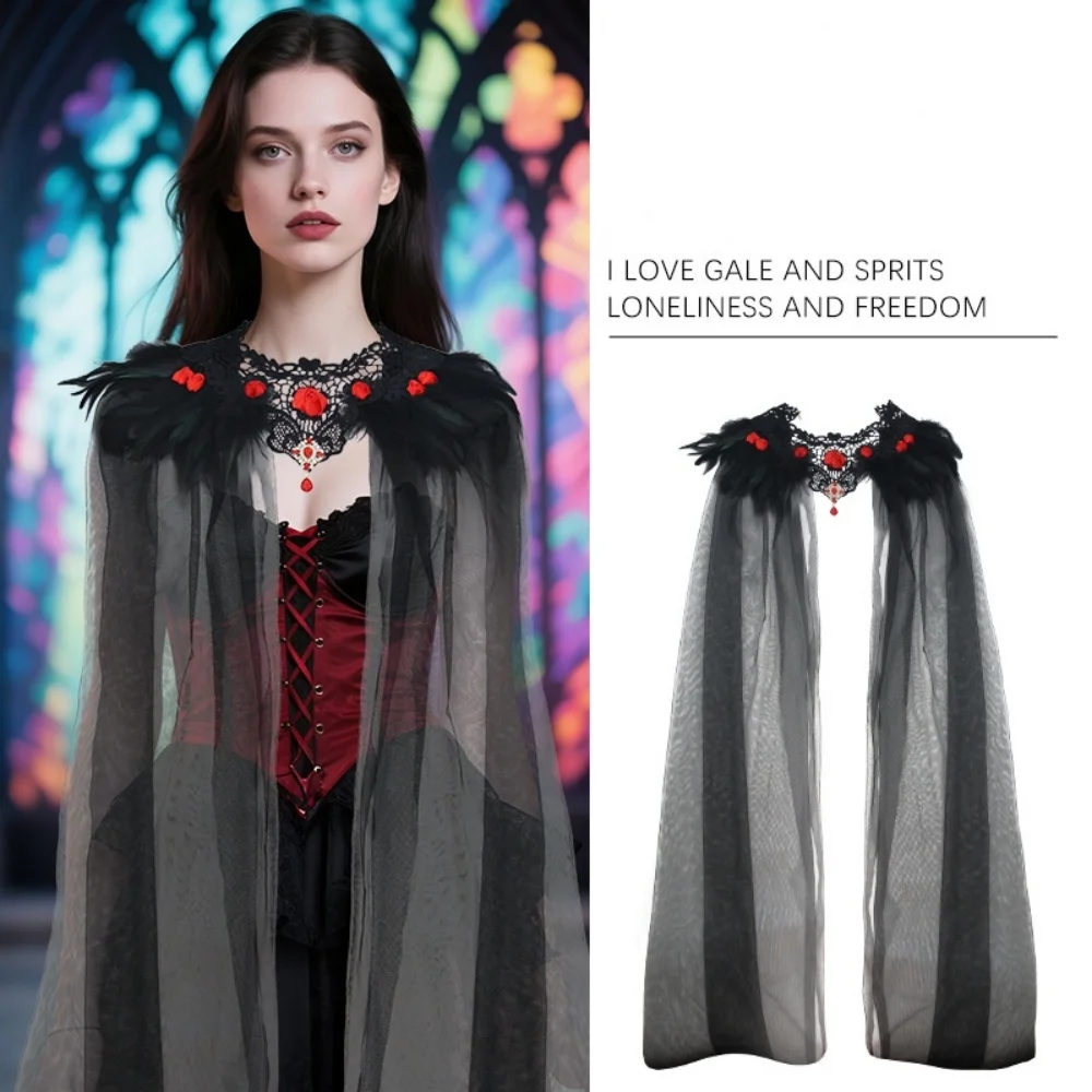 

Women Halloween Witch Cloak Red Rose Flower Black Feather Shawl Lace Mesh Cape Necklace Halloween Cosplay Costume Accessories