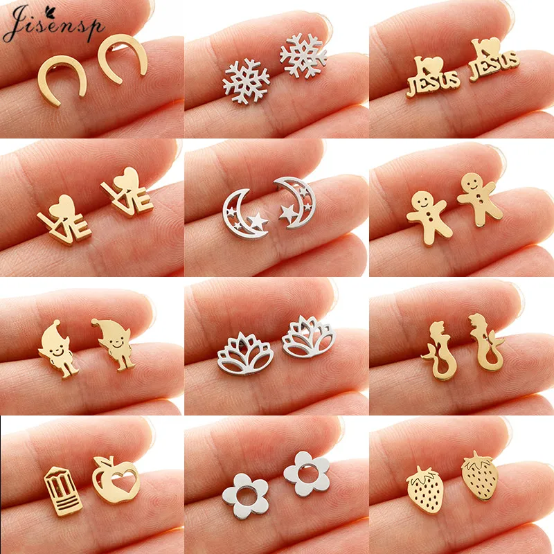 Простые U-образные серьги-гвоздики для женщин, модные серьги-гвоздики с изображением Русалки, лотоса и клубники для девочек, рождественские серьги-гвоздики со снеговиком и снежинками