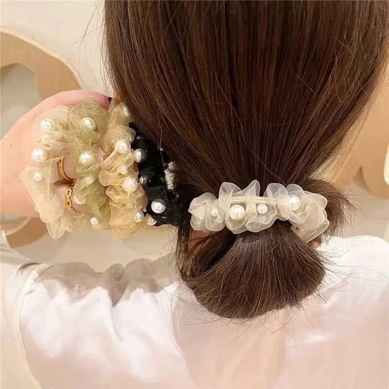 Organza nailed pearl hair tie Korean version of hair accessories with high stretch girls tied hair accessories