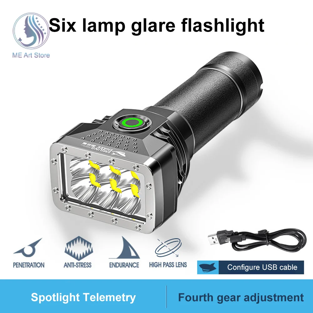 6LED Flashlight USB Rechargeable LED Torch High Brightness Power Display Emergency Powerful Long Range Flashlight for Outdoor