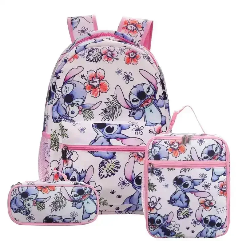 Disney-Stitch Primary and Secondary School Student Backpack for Children, Lightweight Initiated Bag Set, 3 Pcs Set, Nouveau