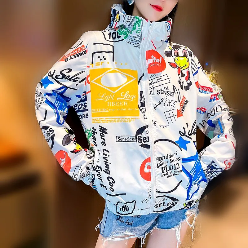 

Sun Coat Women Baseball Oversized Hooded Jackets Big Cartoon Print Loose Sweatshirts Outwear Preppy Hoody Tops Coats NS793