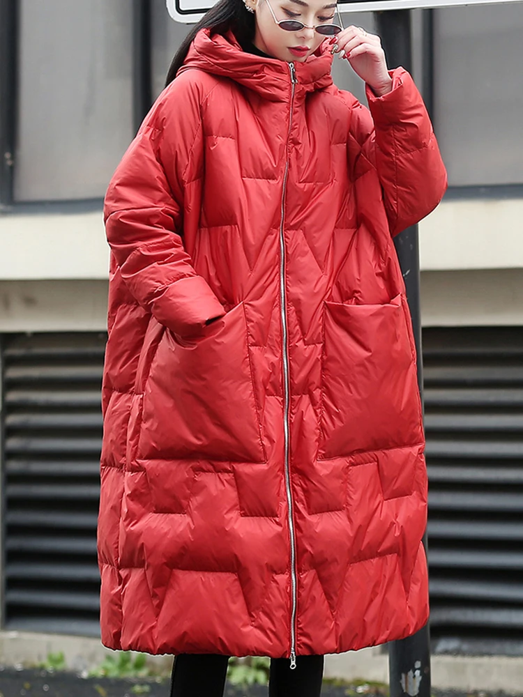 Winter Loose Thick Warm 90% White Duck Down Long Parkas Casual Women Hooded Female Zipper Pocket Down Coat Snow Outwear Coats