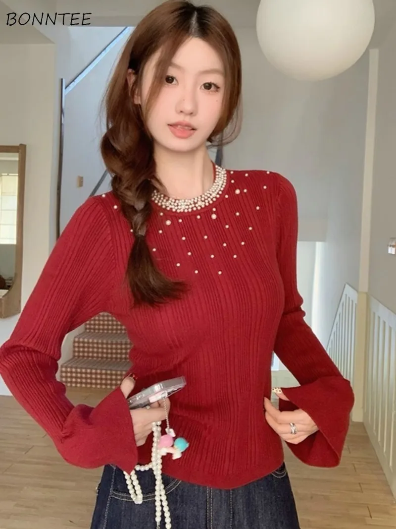 

Pullovers Women Beading Trendy Slim Fit Sweaters Autumn Long Sleeve Casual Knitted All-match Inner Basic Daily Clothing Classic