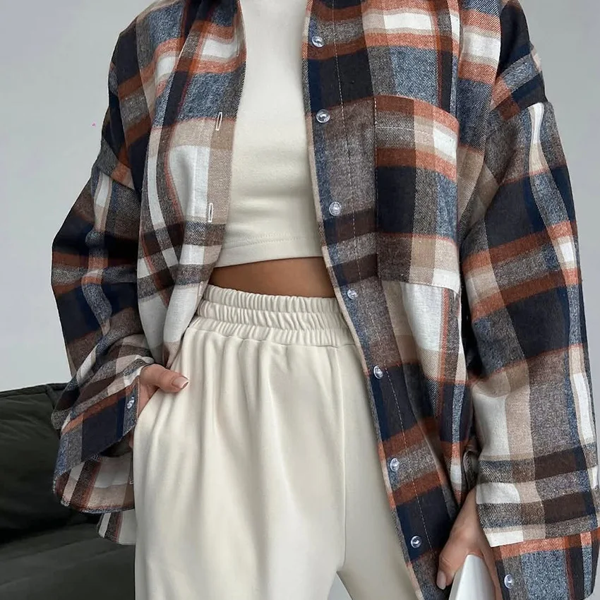 Y2K nieuwe herfst winter vintage shirt zak losse revers lange mouwen dames geruite shirt vrouwelijke mode casual streetwear blouse