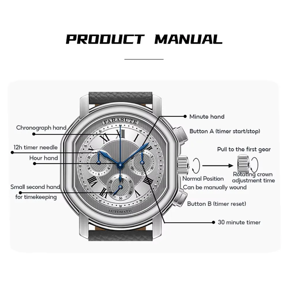 FARASUTE International Edition Men Mechanical Watch Pilot Clock 4801 movement Retro Chronographtribute Series Men Watch Relogio