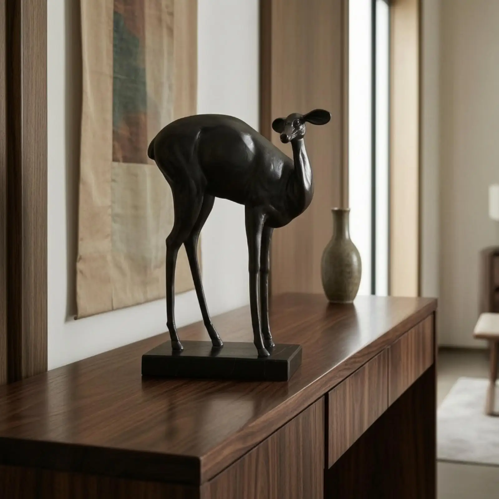 Small Bronze Bull Sculpture Iron Deer Ornament with Marble Base for Modern Interior Shelf Accent