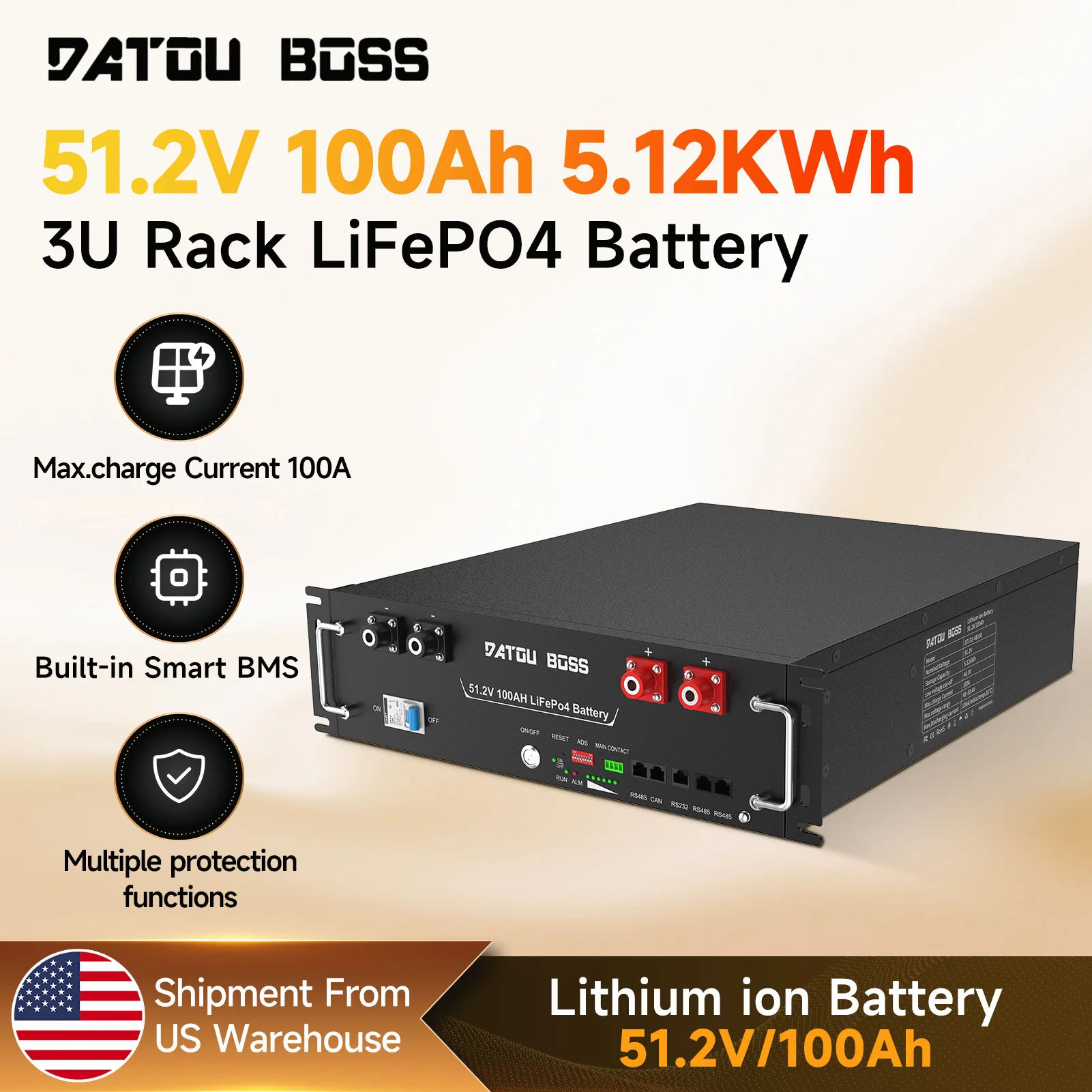 DATOUBOSS 51.2V 100Ah 5.12KWh 3U Rack LiFePO4 Battery / Wall‑Mounted LiFePO4 Battery100A Home Energy Storage Battery Built‑in Smart BMS CAN RS485 Solar Storage Battery for Hybrid Inverter