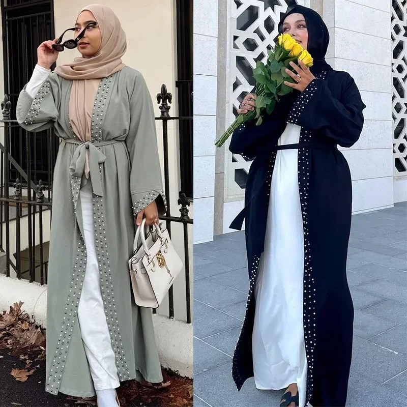 

2025 Luxury Dubai Abaya Party Women Muslim Open Kimono Coat Beaded Kaftan Caftan Turkey Flare Sleeve Dress Saudi Islam Clothing