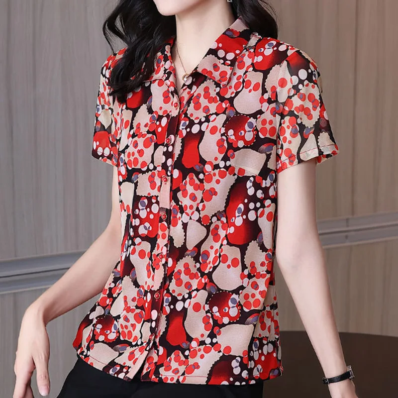 Vintage Office Lady Floral Printed Folds Button Shirt Summer 2023 New Polo-Neck Short Sleeve Loose Cardigan Tops Ladies Clothing