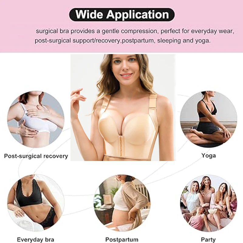 GUUDIA  Hide Back Fat Push Up Bra Row Buckle Wirefree Thin Padded Plus Size Smoothing Bralettes Widen Band Deep Cup Bra 34C-50E