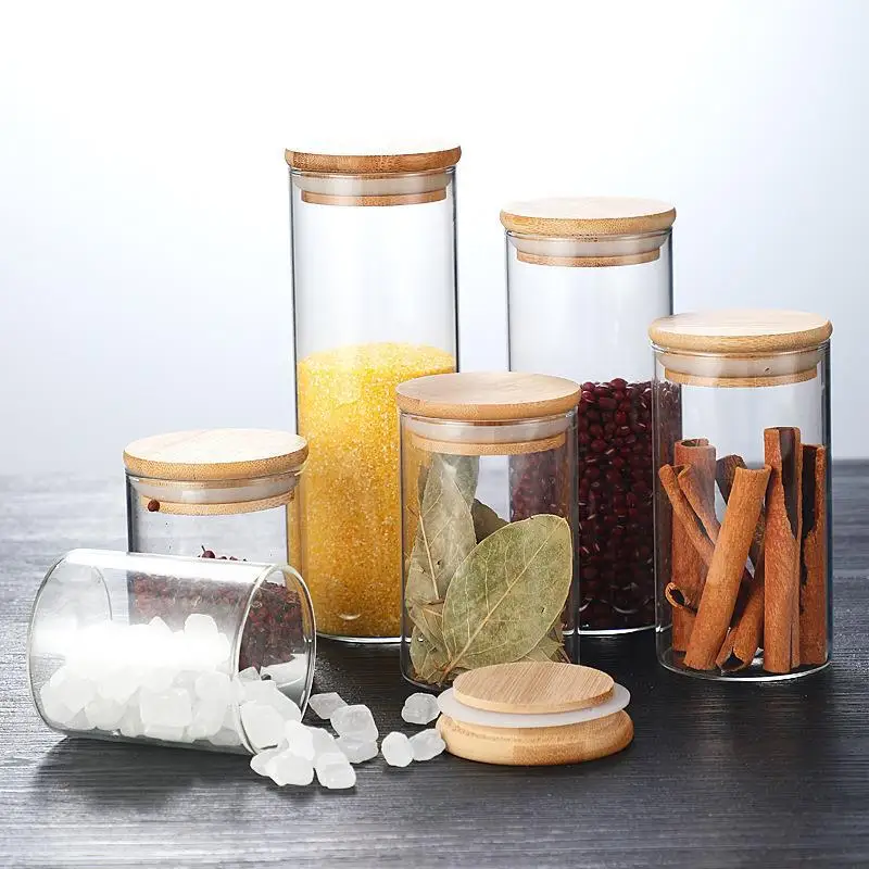 Sealing Kitchen Grain Tea Mason Storage Tank With Bamboo Cover Glass Jars For Spices Condiments Organizer Airtight Container