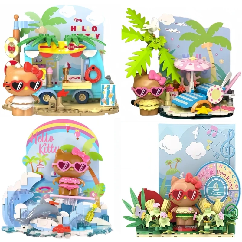 

Sanrio Building Blocks Original Hello Kitty Seaside Holiday Series Anime Ornaments Dolls Kid's Toy Model Christmas Birthday Gift