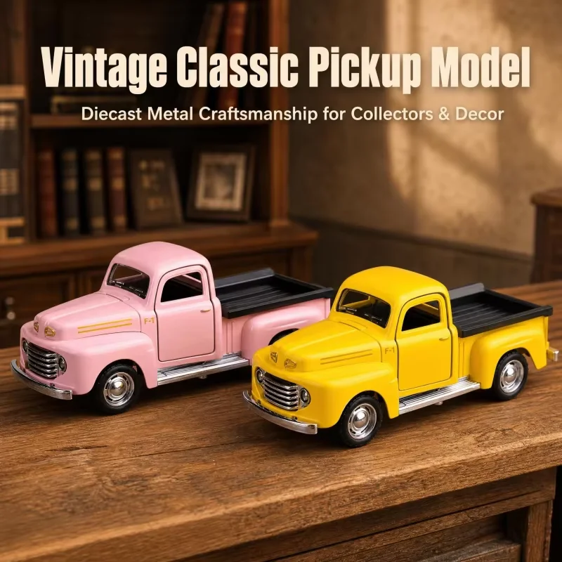 1/36 Retro Classic Pickup Alloy Die-Cast Car Model, Double-Door Vintage Truck Toy, Pull-back Mechanism, Desktop Decoration and C