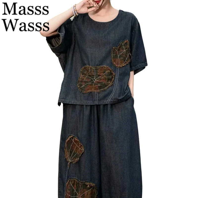 

Masss Wasss Summer Womens Suits Fashion Denim 2 Pieces Sets Loose Tops Tees Casual Jeans Vintage Wide Pants Embroidery Outfits