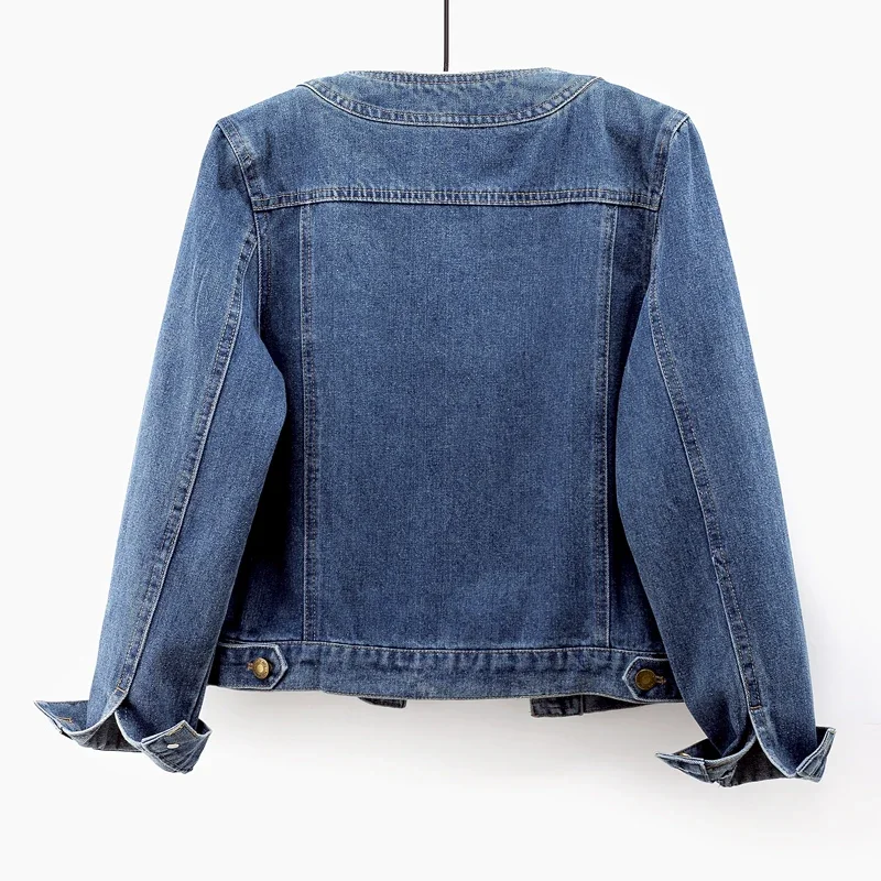 Dunkelblau O Hals Große Tasche Denim Jacke Frauen Dünne Kurze Cowboy Oberbekleidung Frühling Herbst Koreanische Casual Jeans Jacke Mantel Weibliche