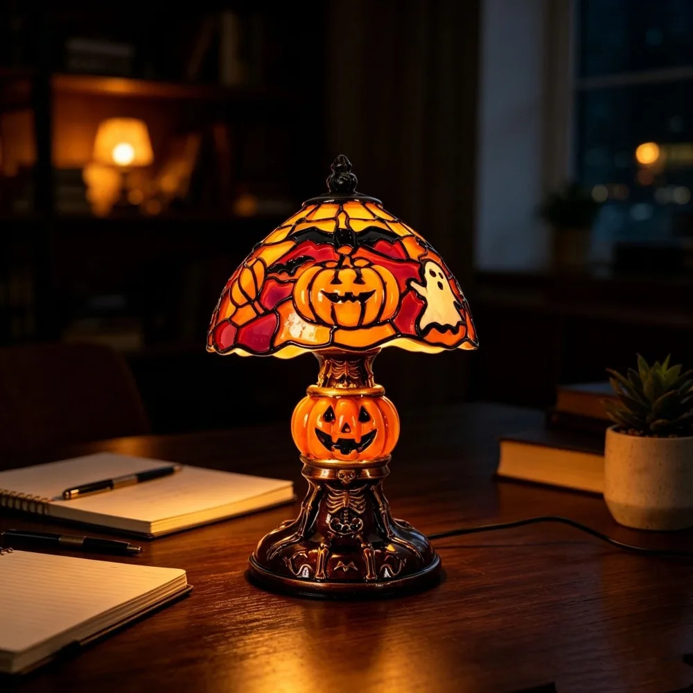 Painted Halloween Night Light Handcrafted USB Powered Witch Hat Table Lamp Gothic Vintage Resin Pumpkin Lamp Halloween Party