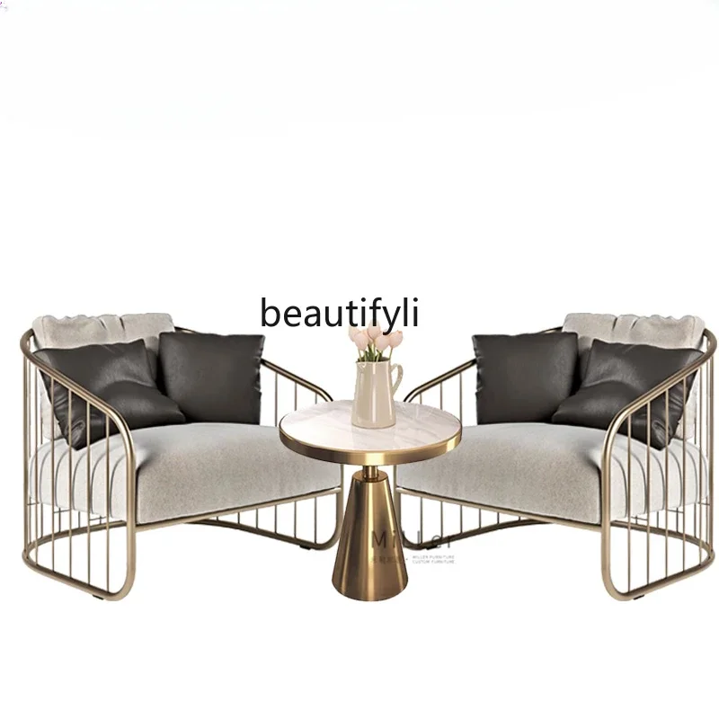 

Light Luxury Casual Stainless Steel Single-Seat Sofa Chair Nordic Post-Modern Style Double Sofa and Tea Table Combination