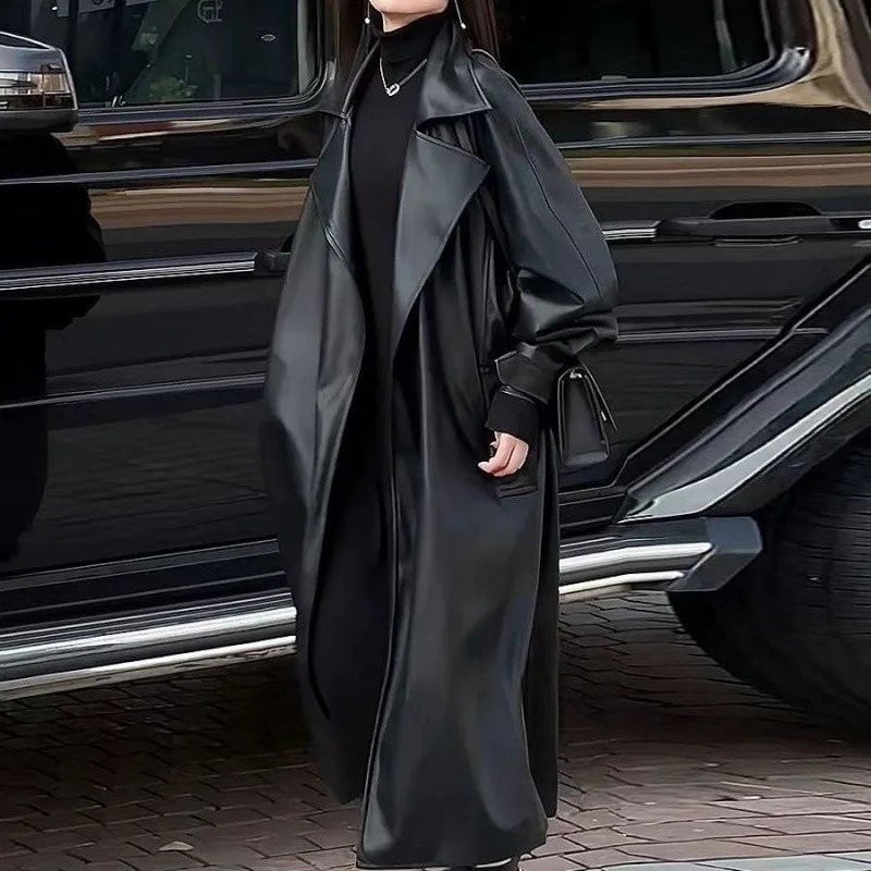 Long Over-the-knee Women's Coat for Autumn and Winter Available with Fleece Leather Jacket Loose Biker Coat High-end Trench Coat