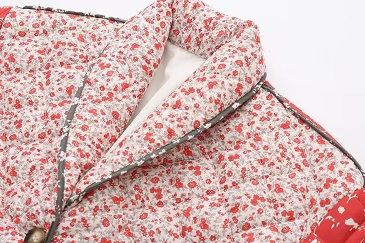秋冬暖かいジャケットファッションシングルブレスト長袖パッチワーク花柄プリント綿パッド入りジャケットルーズカジュアルコート