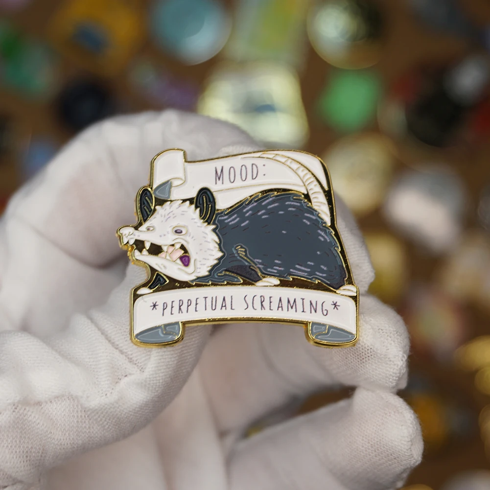 Possum Enamel Pin - Perpetual Mood Screaming Opossum with Screen-printed