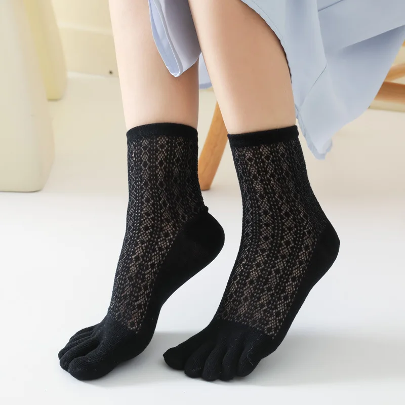 5 Pairs Woman Lady Plain Mesh Toe Socks Thin Cotton Solid Color Five Finger Sock Simple Black Pink Purple White Socks with Toes