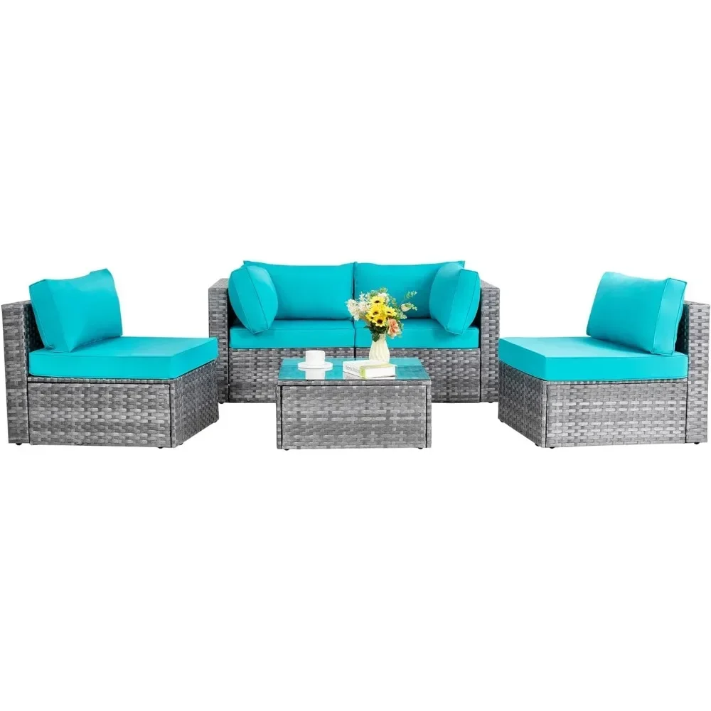 for 5 Pieces Patio Furniture Set, Silver Gray PE Wicker Furniture Conversation Sets with Washable Cushions & Glass Coffee Table