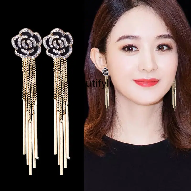 Flower tassel earrings temperament socialite earrings sterling silver earrings women's high sense