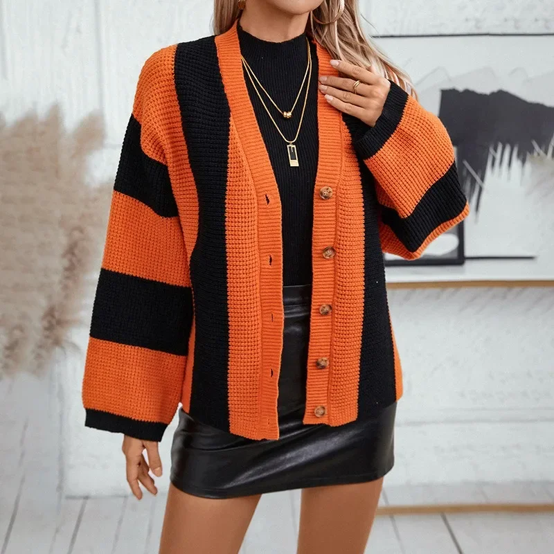 New Fashion Women's Knitted Sweater Autumn/Winter Women Clothing Casual Striped Loose Flare Sleeve Vintage Knit Cardigan Female