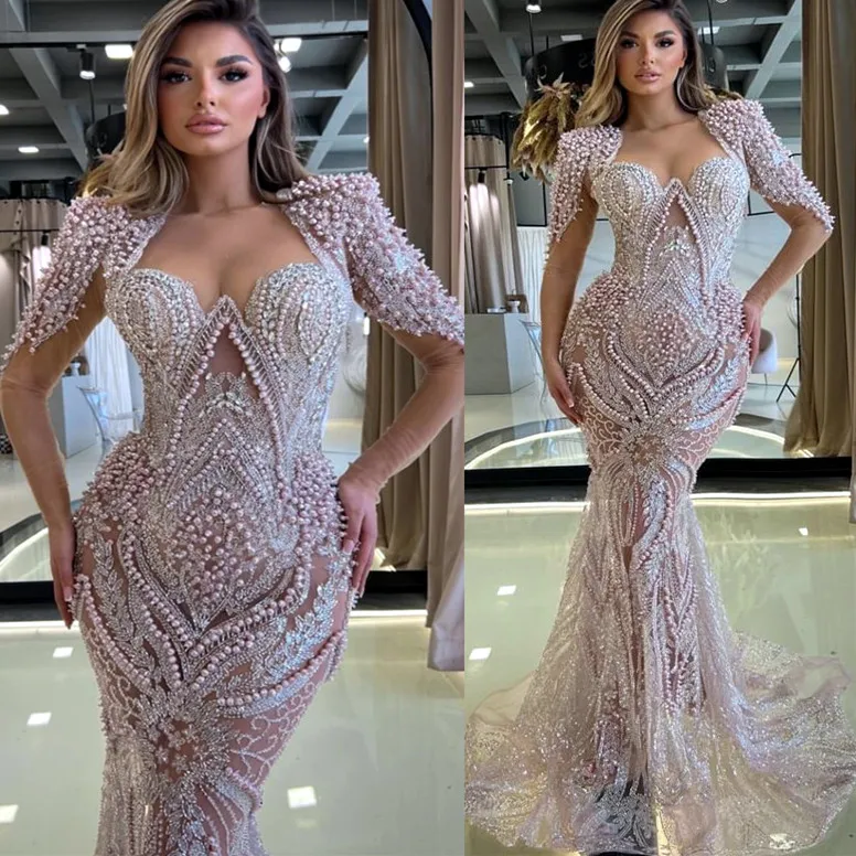 

Exquisite Mermaid Evening Dresses Long Sleeves V Neck Sequins Beaded Appliques 3D Lace Pearls DiamondsProm Dresesses Custom Made