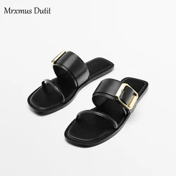 Mrxmus Dutit Women's Shoes 2023 Summer New Brown Metal Ring Detail Design Simple Flat Sandals