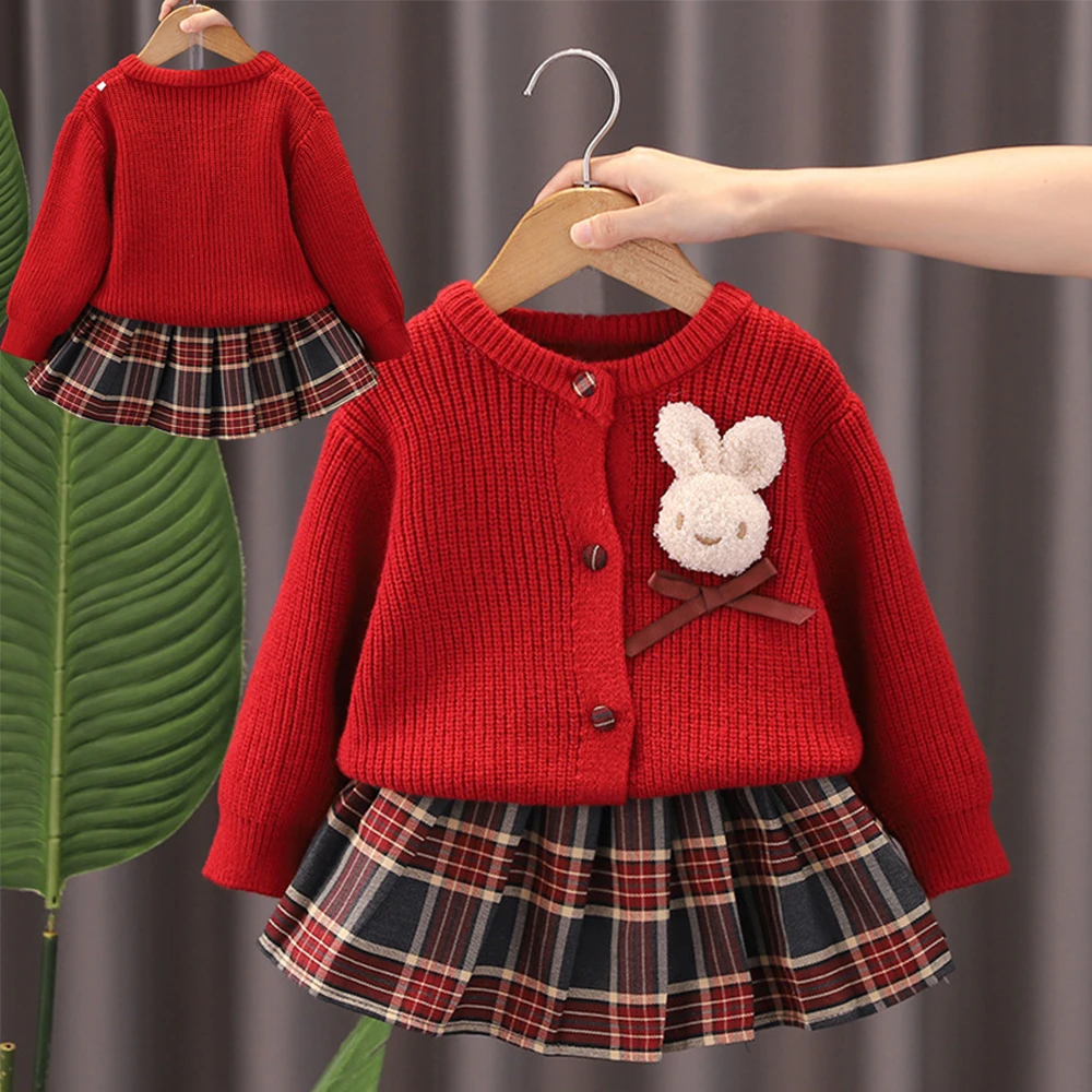 

Осенний комплект из 2 предметов: верх и нижняя одежда, детская одежда, свитер + юбка, красный комплект принцессы для рождественской вечеринки, верхняя одежда с 3D кроликом для девочек