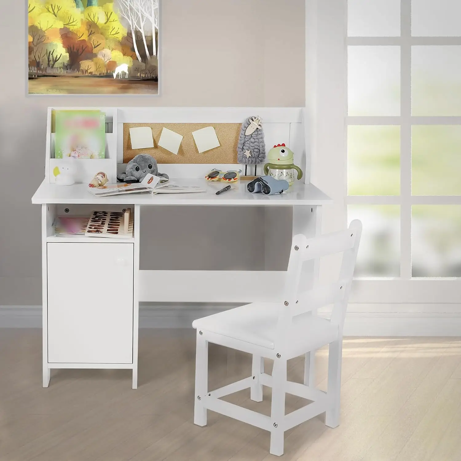 Kids Desk & Chair Set Hutch Wooden Table Ergonomic Study Station Storage Cabinet Bulletin Board Bedroom School, Customized