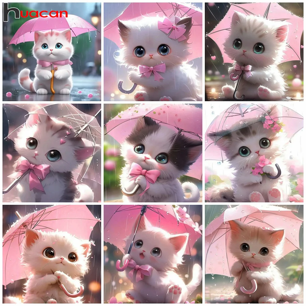 Huacan New Arrivals Diamond Painting Animal Cat 5d Diy Full Drill Mosaic Umbrella Art Gift Home Decoration Craft Kit