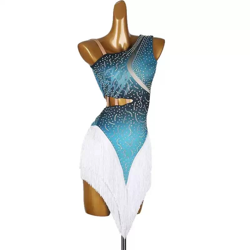 New Lady Latin Dance Costume Rhinestone Women's High-end Custom Gradient Tassel Suspender Samba Performance Dress