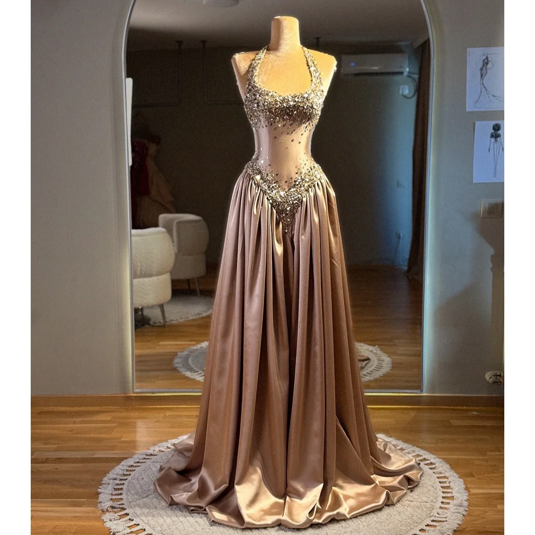 Gaun Malam Halter Neck yang Menawan, Gaun Pesta Pernikahan Satin Model A-Line dengan Payet, Gaun Prom Formal yang Dapat Disesuaikan, Vestidos