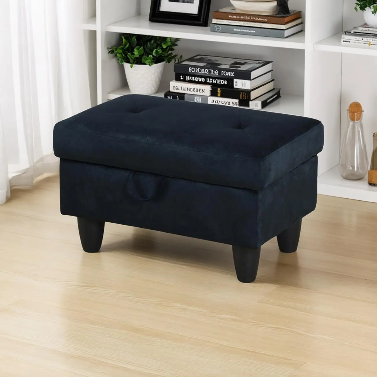 28.5 Inch Large Square Storage Ottoman Bench with Thick Cushion, Foot Rest Footstool and Coffee Table for Entryway, Living Room, Bedroom, Home Decor, RV, Blue Midnight Flannel