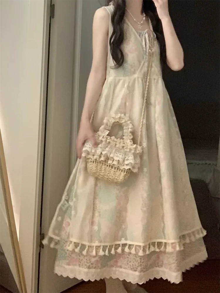 Vestido ter Floral Dulce para Mujer, Verano 2025, Nuevo Estilo Campestre, Vestido Largo de Vacaciones, Cintura Alta, Falda...