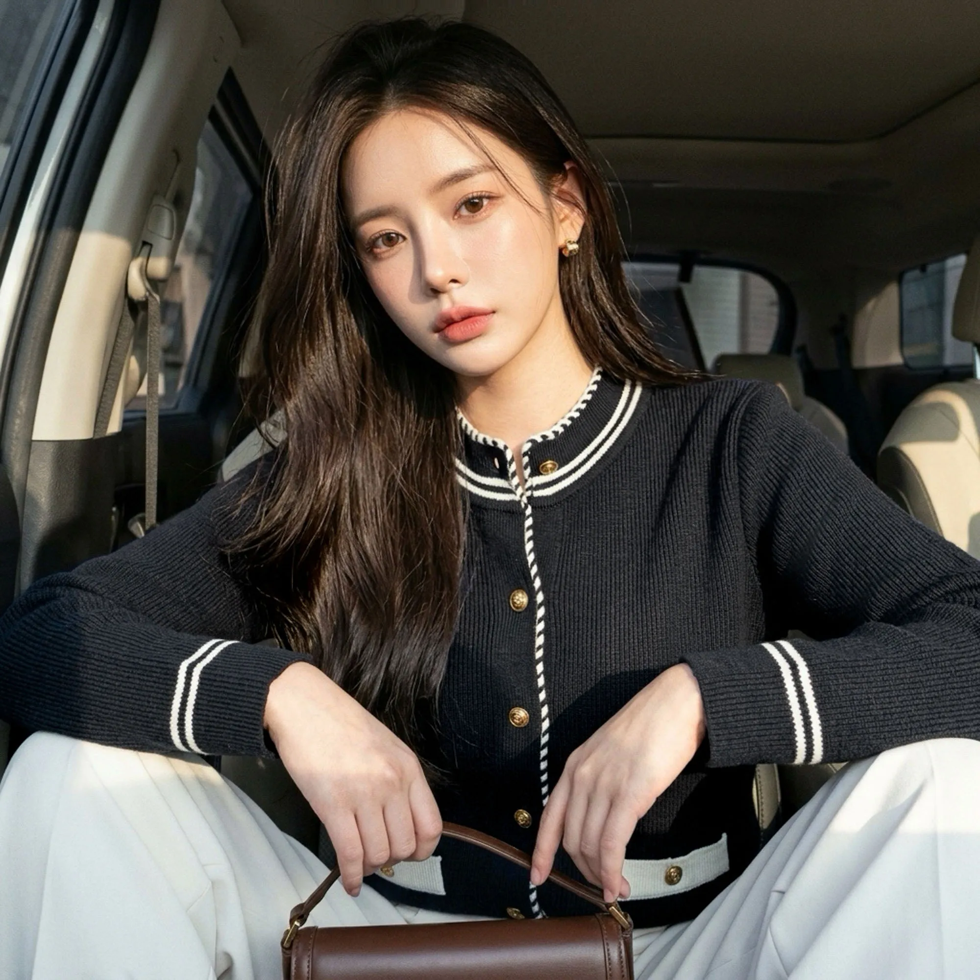 Elegant Tweed Style Knit Cardigan Autumn Women Contrast Trim Single Breasted Crewneck Sweater Jacket Metal Buttons DM3CZK010