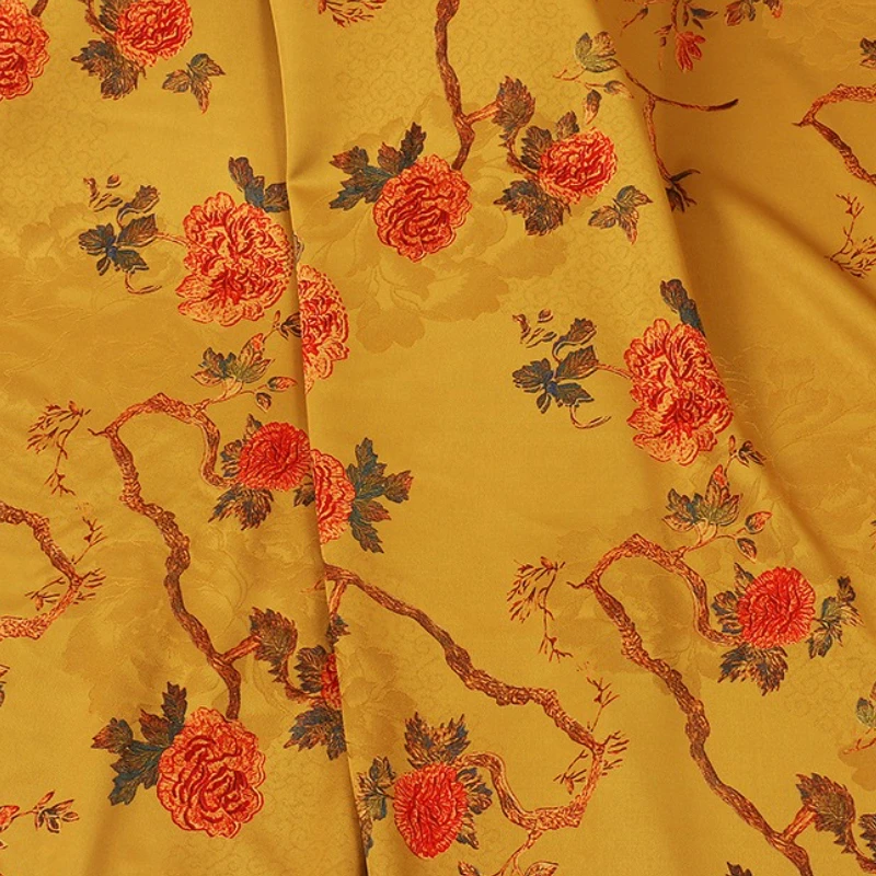 Acetic Acid Vine Flower Printed Xiangyunsha Silk Fabric New Chinese Ginger Yellow Qipao Spring Summer Hanfu Dress Top Fabric