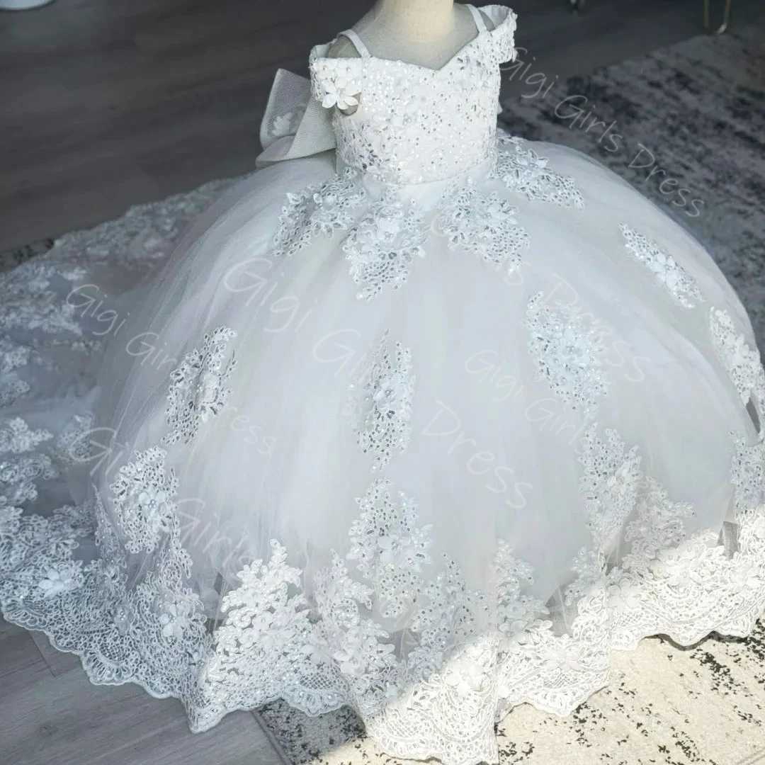 

Customized Flower Girl Dress for Wedding Kids Lace Appliqued Tulle Holy Communion Dress With Bow Straps Birthday Party Ball Gown
