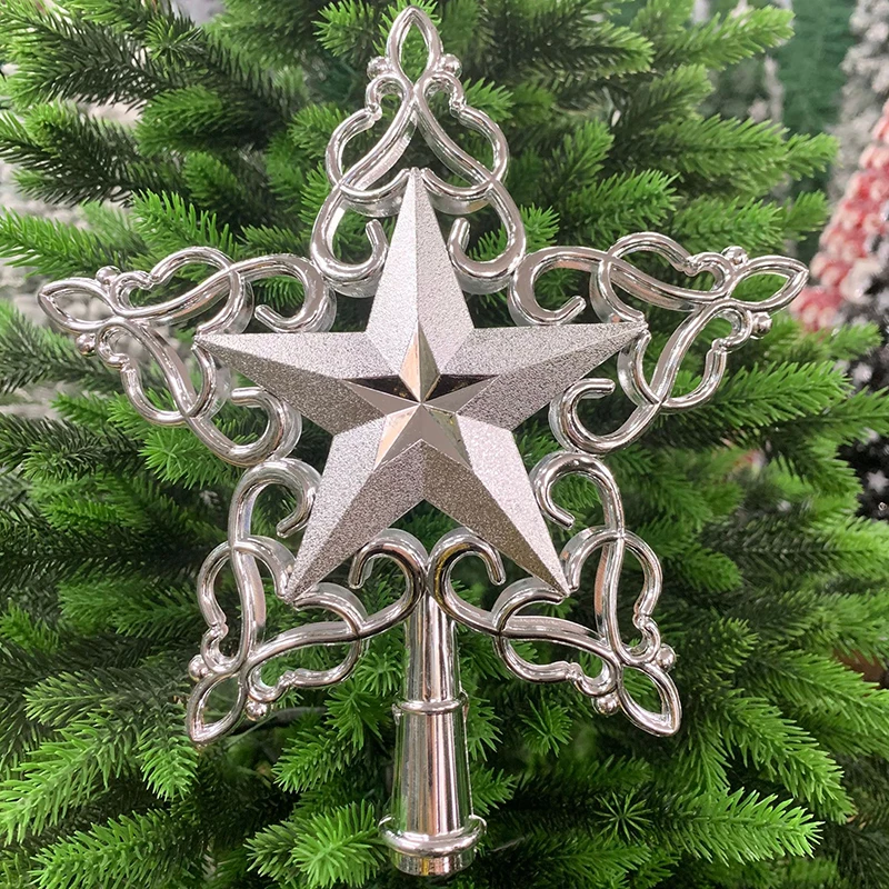 New Silver/Gold Three-dimensional Pentagram Christmas Tree Top Star Lace Hollow Five-star Christmas Tree Decoration Pentagram