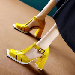 Women Shoes Mix Color Mary Janes Women 2023 Square Toe Hollow Out High Heels Pumps Woman Thick Heel Patent Leather Mary Jane