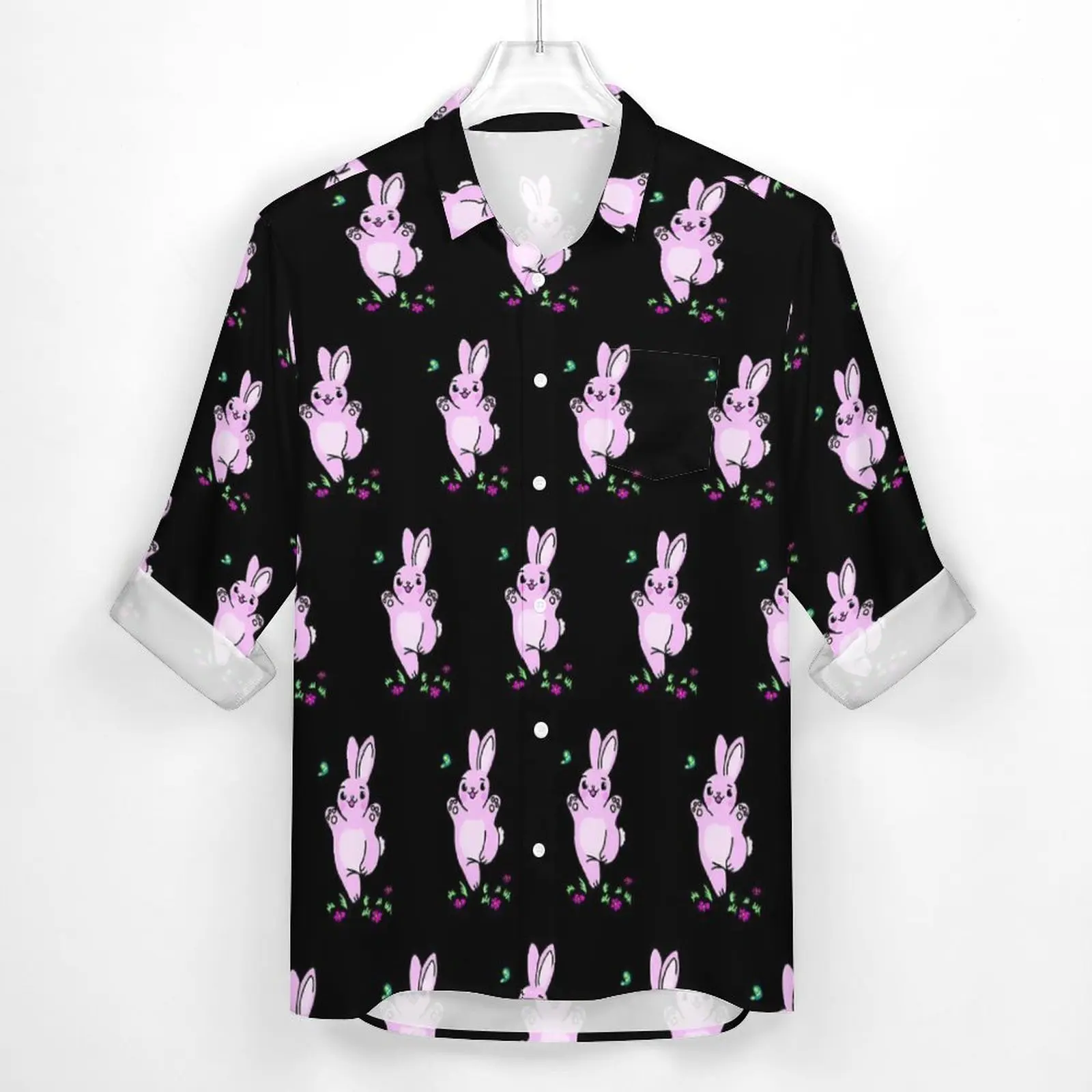 Pink Rabbit Casual Shirts Man Funny Bunny Shirt Long Sleeve Vintage Y2K Blouses Autumn Custom Tops 3XL 4XL