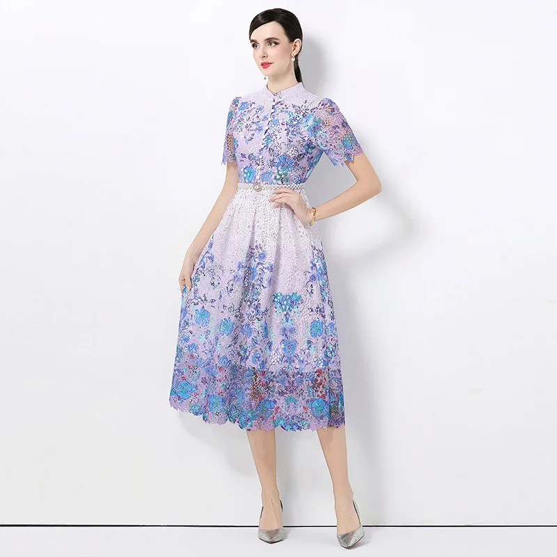 Original ort Sve Hollow out Soluble Lace Mid-Length Dr Street Sle Knitted A-Line Skirt Thiened Velvet Fabric