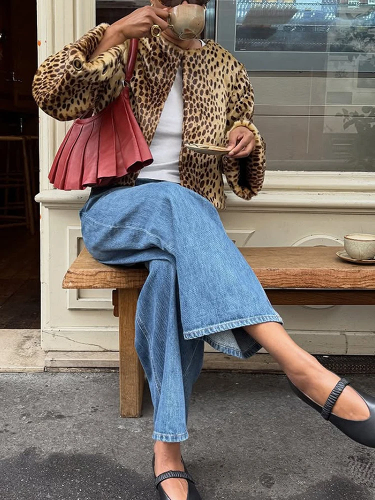 Abrigo informal de piel con una hilera de botones para mujer, abrigo cálido a la moda con estampado de leopardo de calle, prendas de vestir de manga larga con cuello redondo para ir al trabajo